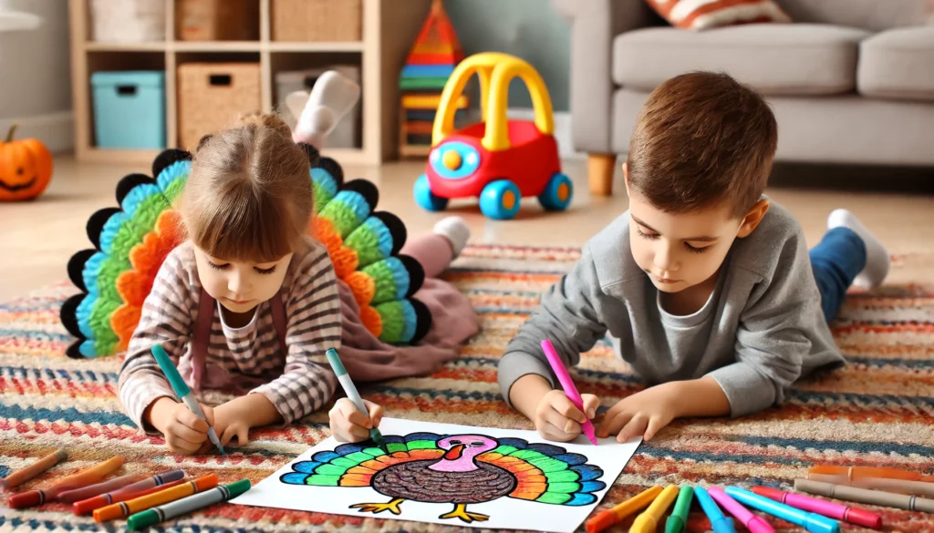 Dall·e 2024 11 01 10 43 24 two siblings, a young boy and girl, lying on their stomachs on a colorful rug at home, intensely coloring a turkey’s feathers with bright markers a f