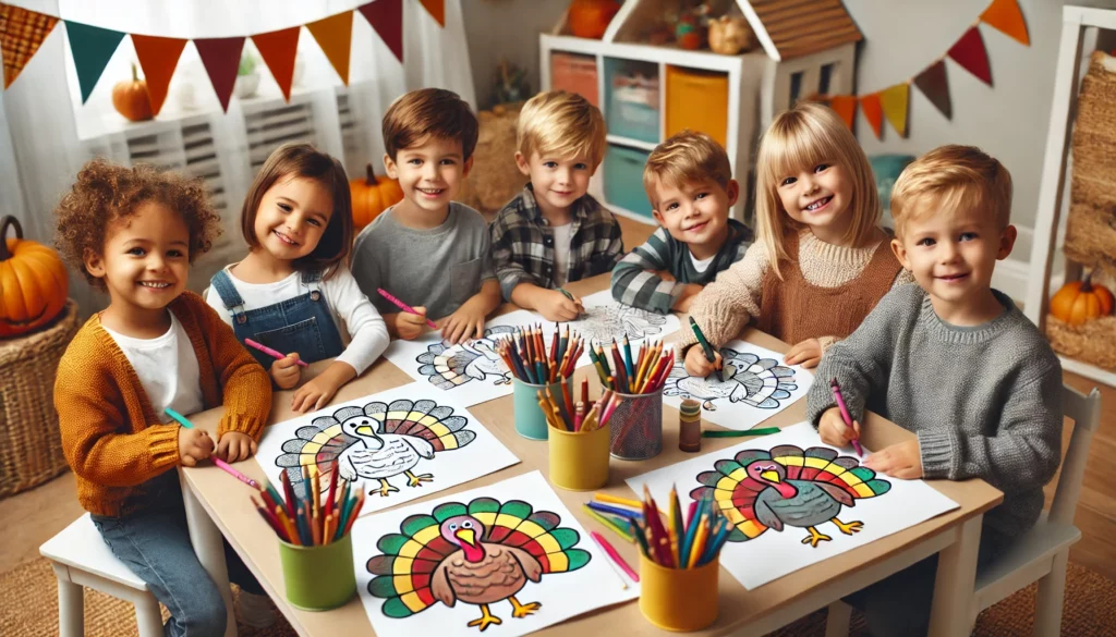 Dall·e 2024 11 01 10 43 26 a group of five children, ages 4 6, gathered around a small table in a brightly decorated room, each coloring a different turkey page the children ar