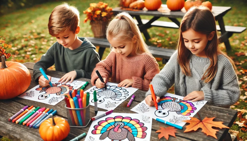 Dall·e 2024 11 01 10 43 29 three children, a mix of boys and girls around ages 5 8, coloring together at a picnic table outdoors on a fall day turkey coloring pages are spread