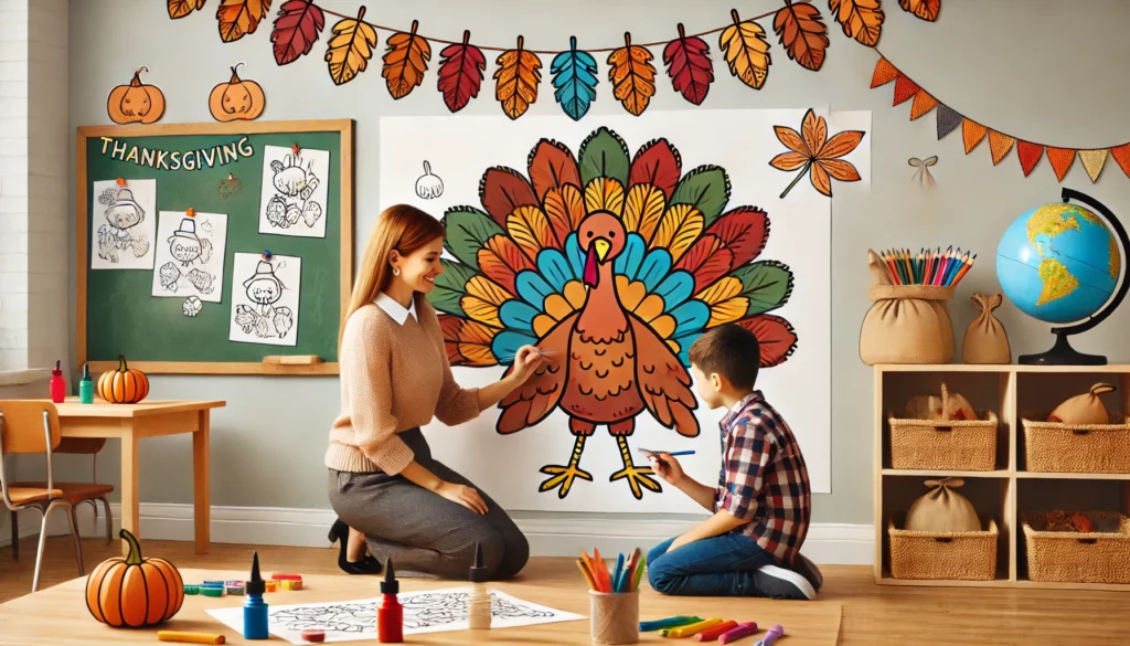 Dall·e 2024 11 01 10 43 41 a classroom setting where a teacher is kneeling next to two children, helping them color a large turkey illustration the children are filling in colo