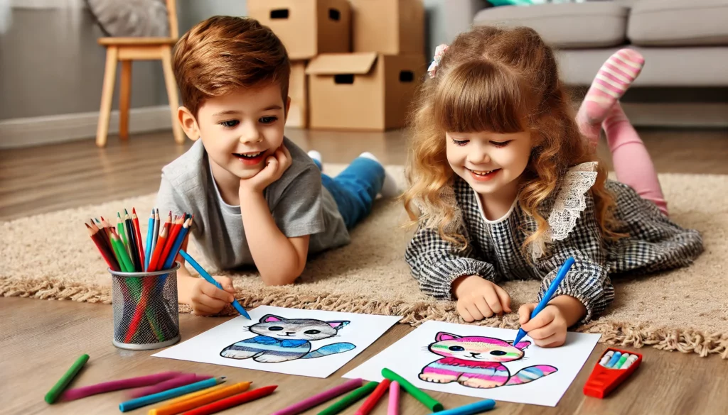 Dall·e 2024 11 01 11 11 55 a sibling pair, a boy and a girl around 5 and 7, lying on the floor in their room, each with a kitten coloring page they’re coloring with crayons and