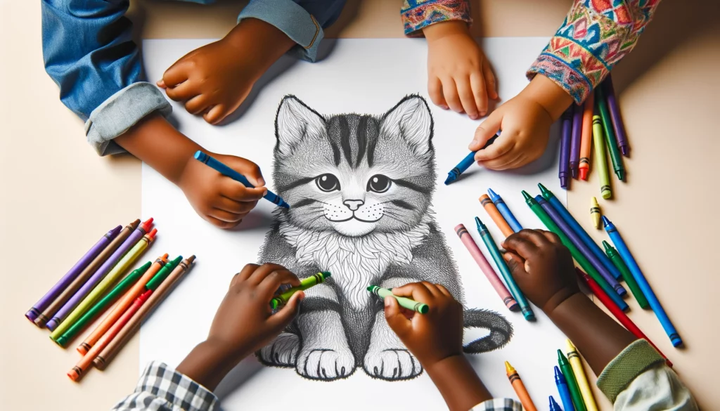 Dall·e 2024 11 01 11 11 58 three children, each with a different skin tone, sharing a coloring page that features a large kitten they’re using a variety of crayons, filling in