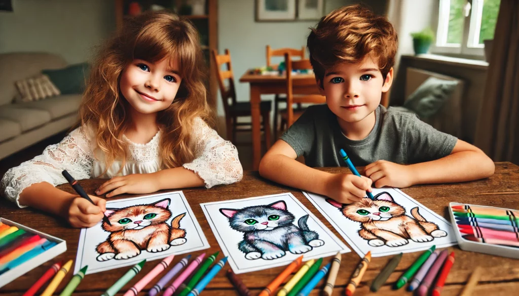 Dall·e 2024 11 01 11 12 01 a boy and a girl, around ages 6 7, sitting at a wooden table covered in kitten coloring pages and crayons the girl is coloring the kitten’s fur brown