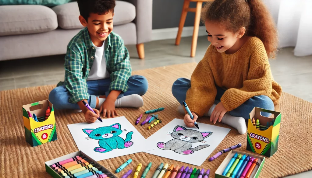 Dall·e 2024 11 01 11 12 13 two children of different ethnicities sitting cross legged on the floor, focused on their kitten coloring pages crayons and markers in bright colors