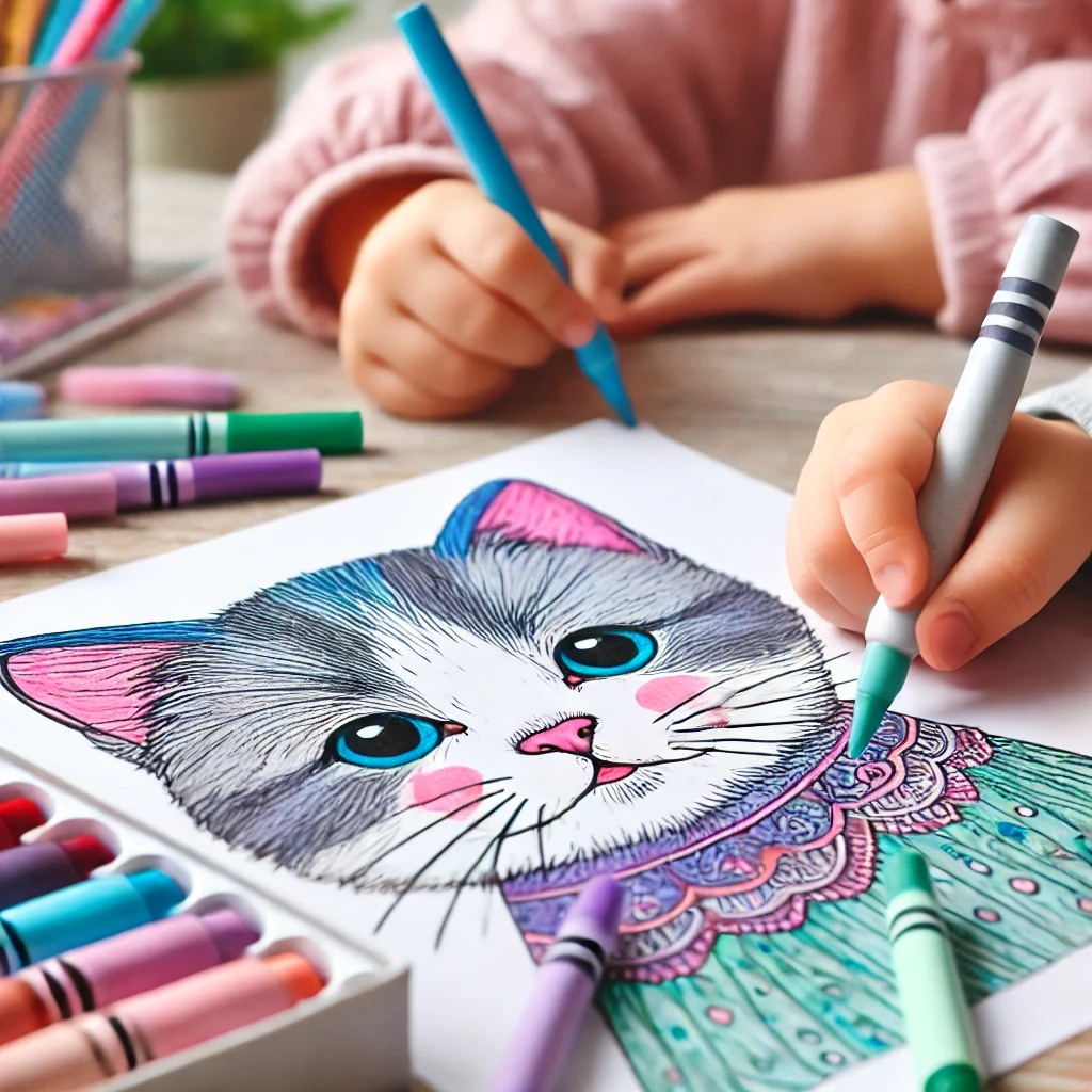 Dall·e 2024 11 01 11 12 18 a close up of a young child’s hand carefully adding pink to a kitten’s nose on a coloring page next to them, another child’s hand is adding blue to t