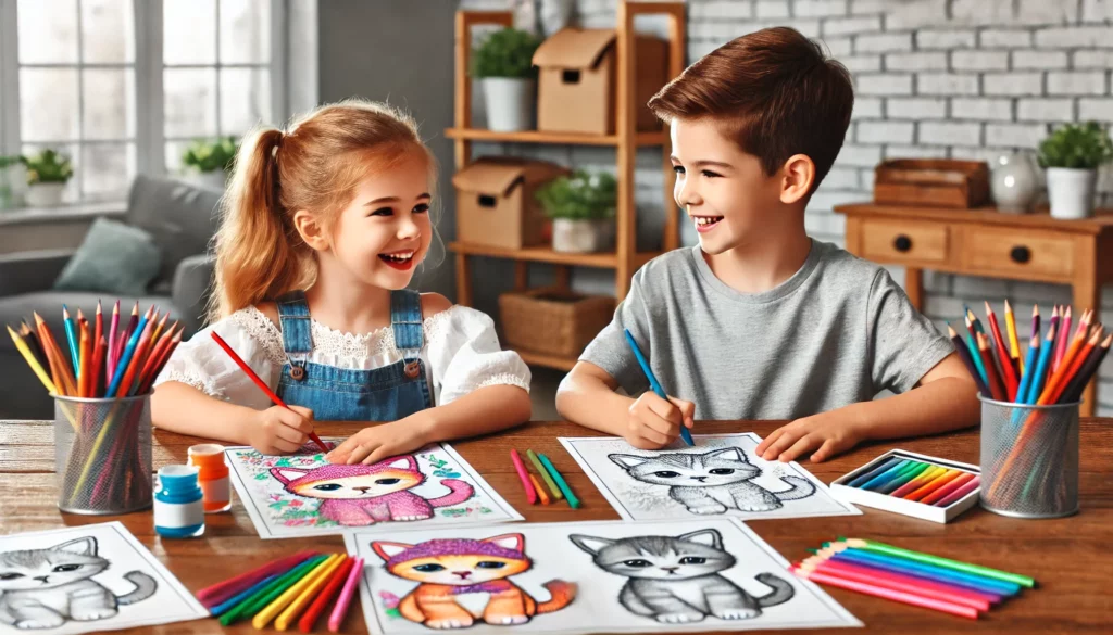 Dall·e 2024 11 01 11 12 24 two siblings, a boy and a girl around ages 6 and 8, sitting side by side at a dining table, each coloring a kitten page they’re using bright colors a