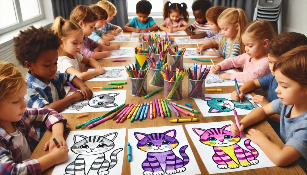 Dall·e 2024 11 01 11 13 48 a diverse group of children seated at a long table in a classroom, each coloring a kitten page the kids, ages 5 7, are holding crayons and markers, c