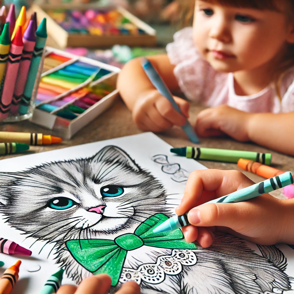 Dall·e 2024 11 01 11 13 52 a close up of a young child coloring a kitten with a light blue crayon, while nearby, another child’s hand is using green on a kitten’s bow colorful