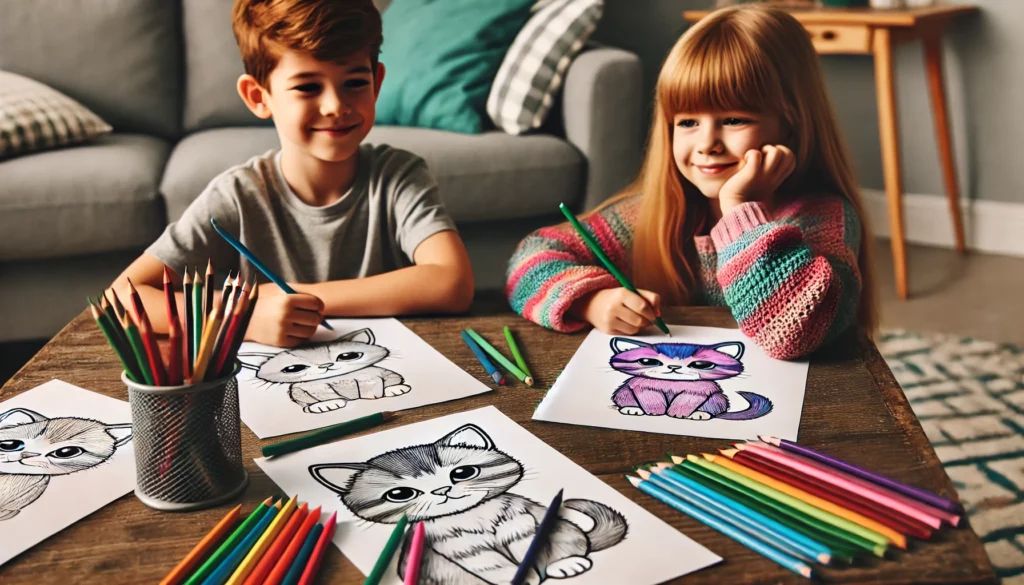 Dall·e 2024 11 01 11 18 34 a home setting with two children sitting at a coffee table, each holding a colored pencil and filling in a kitten coloring page the kids are smiling