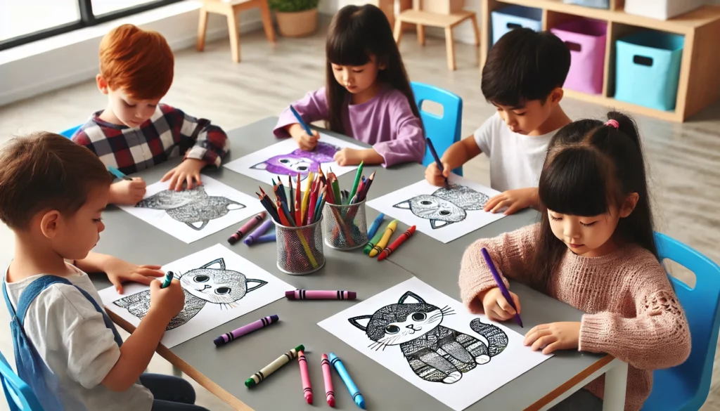 Dall·e 2024 11 01 11 19 04 a group of four kids in a classroom setting, ages 4 7, each working on a kitten coloring page with their own unique style some are drawing patterns o