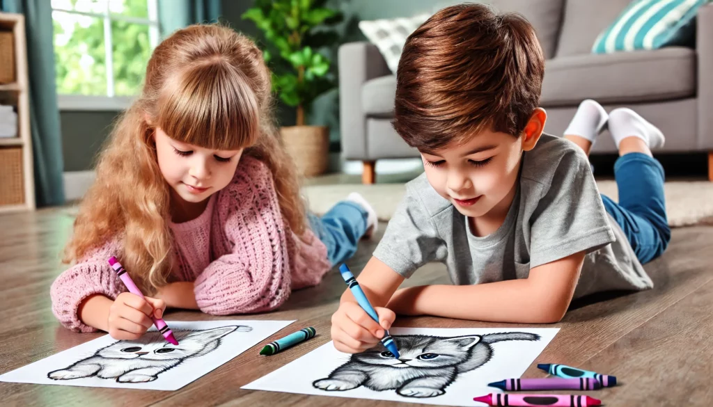 Dall·e 2024 11 01 11 19 46 two children lying on their stomachs on a living room floor, each holding a kitten coloring page one child is using a pink crayon to color the kitten