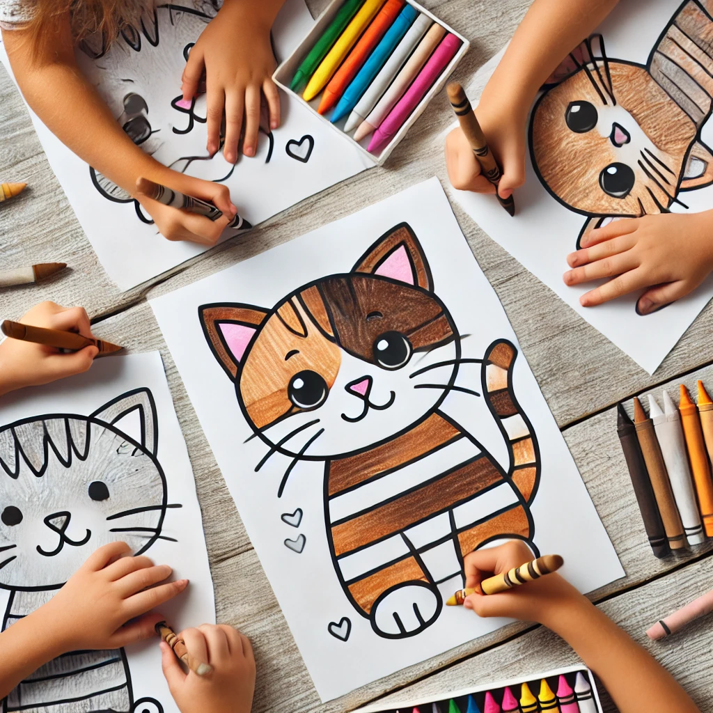 Dall·e 2024 11 01 11 19 52 a top down view of four children’s hands as they work on kitten coloring pages the kids are using crayons in shades of brown, white, and yellow, addi