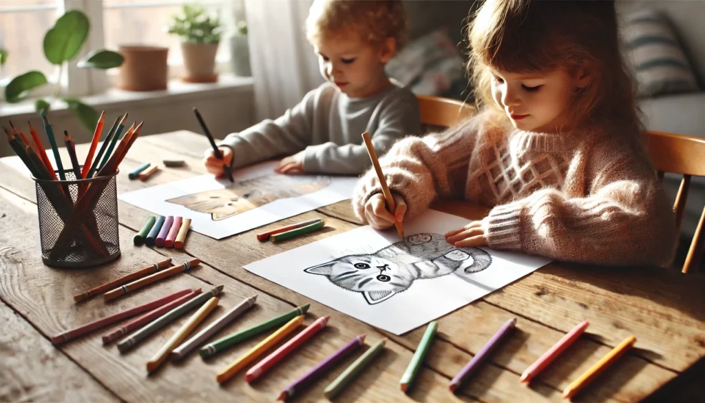 Dall·e 2024 11 01 11 20 47 two children, ages 5 and 6, seated at a wooden table in a sunlit room they’re each coloring a kitten page with soft crayons, using gentle colors like