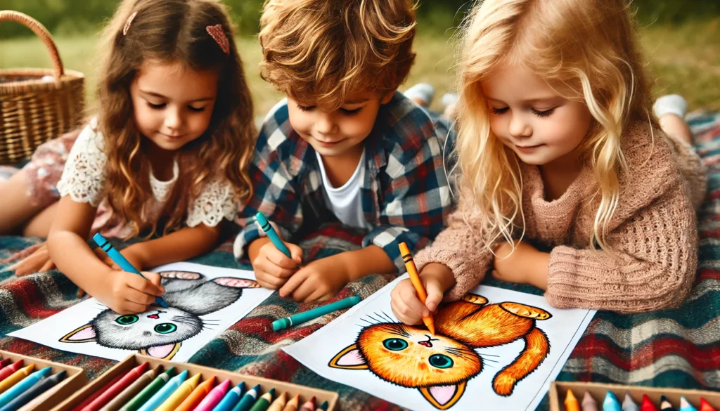 Dall·e 2024 11 01 11 20 51 three children of varied backgrounds seated together on a picnic blanket outdoors, each with a kitten coloring page and a set of crayons one child is