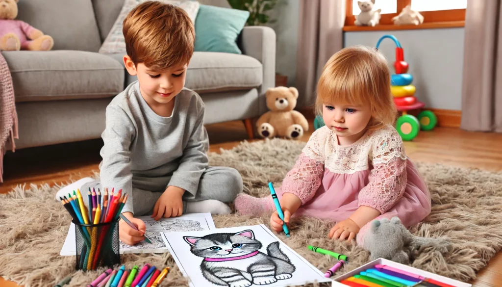 Dall·e 2024 11 01 11 22 11 a cozy living room scene where two siblings, a toddler and an older child, are sitting on a fluffy rug with kitten coloring pages in front of them th