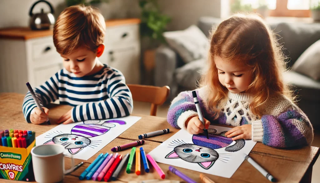 Dall·e 2024 11 01 11 27 05 a cozy kitchen table scene where two young children, ages 4 and 6, are coloring kitten pages they’re holding bright markers and crayons, focused on a