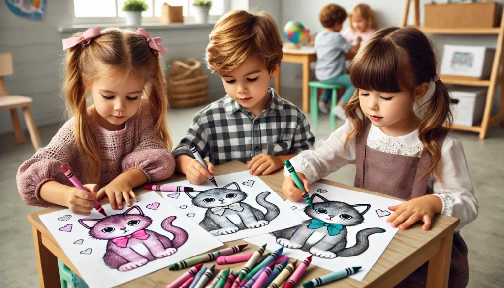 Dall·e 2024 11 01 11 27 09 a group of three friends, ages 5 7, sitting in a classroom art corner, each holding their own kitten coloring page the kids are working together, sha