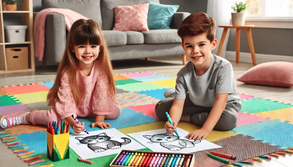 Dall·e 2024 11 01 11 27 13 a young girl and boy sitting cross legged on a large, colorful play mat, each focused on a kitten coloring page the kids are smiling and using crayon