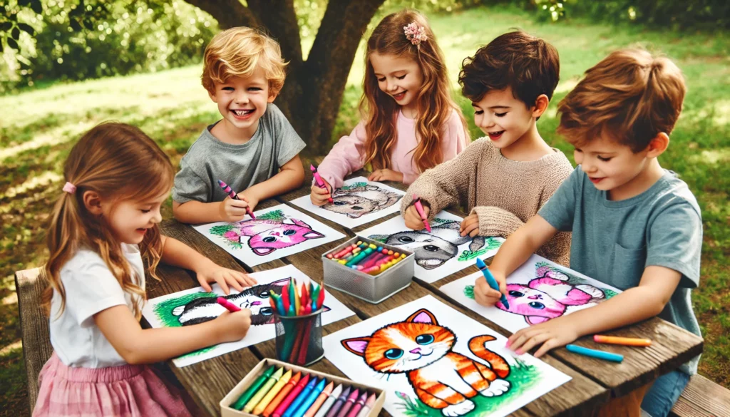 Dall·e 2024 11 01 11 27 15 a small group of children gathered at a picnic table under a tree, each with a kitten coloring page they’re using vibrant crayons to color the kitten