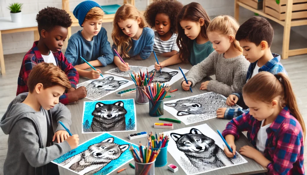 Dall·e 2024 11 01 12 14 56 a diverse group of children, ages 6 9, gathered around a table in a classroom each child is working on a different wolf page, some adding blue to the