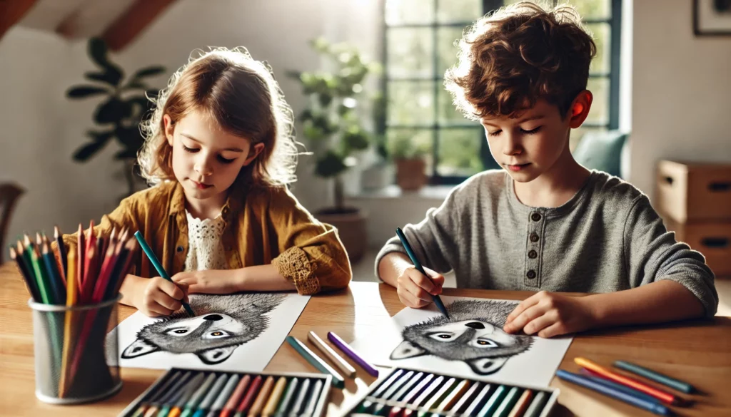 Dall·e 2024 11 01 12 14 59 two children, one boy and one girl, ages 7 and 8, seated at a table in a sunny room they’re deeply focused on coloring wolves with crayons and marker