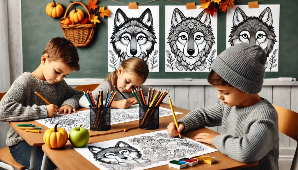 Dall·e 2024 11 01 12 15 00 a classroom setting with three children sitting side by side, each coloring a wolf in their own style one child is making a gray wolf, another is col