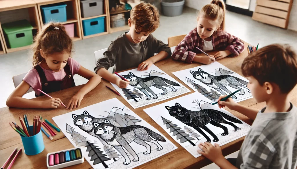 Dall·e 2024 11 01 12 15 04 three kids around age 7, each with a wolf coloring page, sitting around a classroom table the children are using various shades of black, brown, and