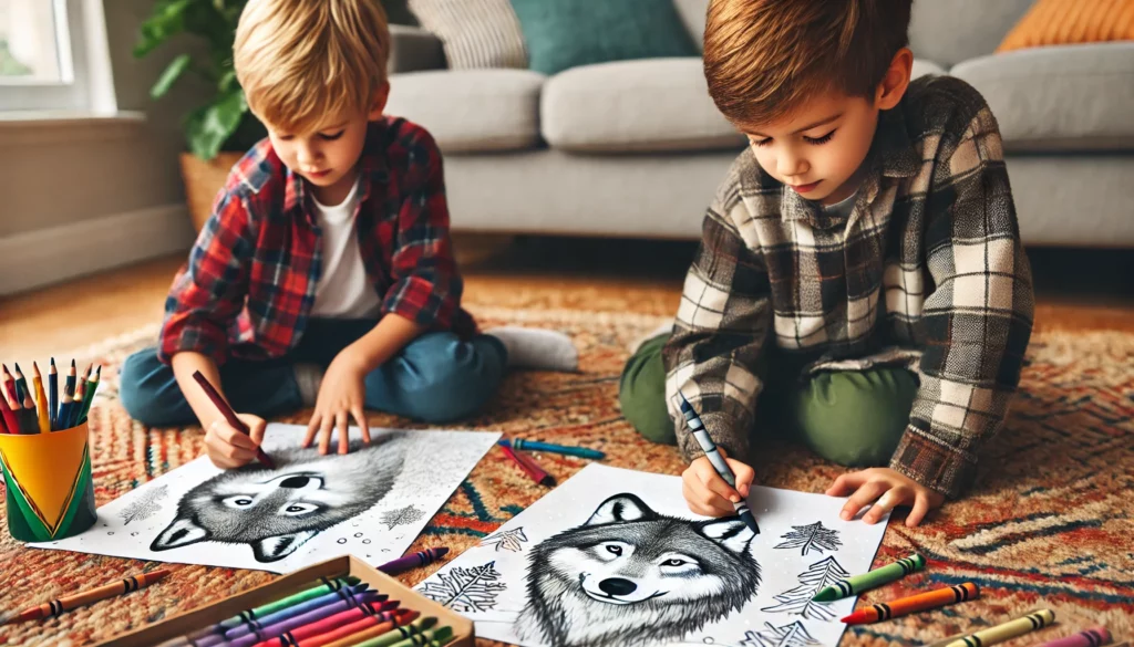 Dall·e 2024 11 01 12 15 06 two young boys, around age 6, sitting on a living room rug with their wolf coloring pages they’re coloring with crayons in darker shades, and one boy