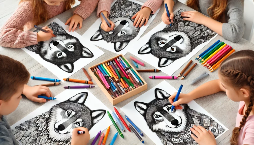 Dall·e 2024 11 01 12 15 09 a group of four children in a bright art classroom, each with their own wolf coloring page some are using crayons to create patterns on the fur, whil