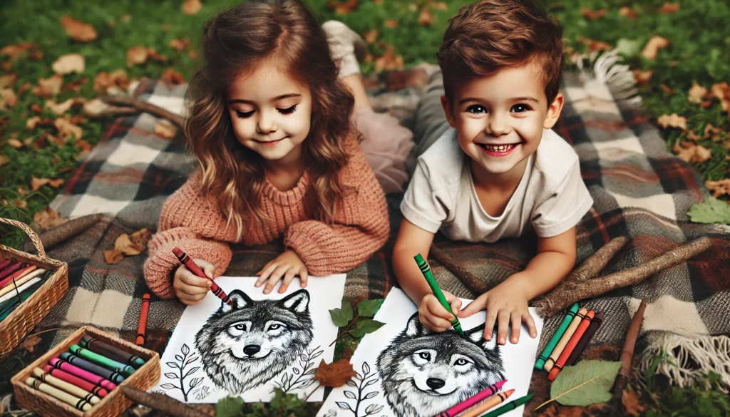 Dall·e 2024 11 01 12 15 12 two young children, a girl and a boy, lying on a blanket outdoors, each holding a wolf coloring page they’re using crayons to add dark and earthy ton