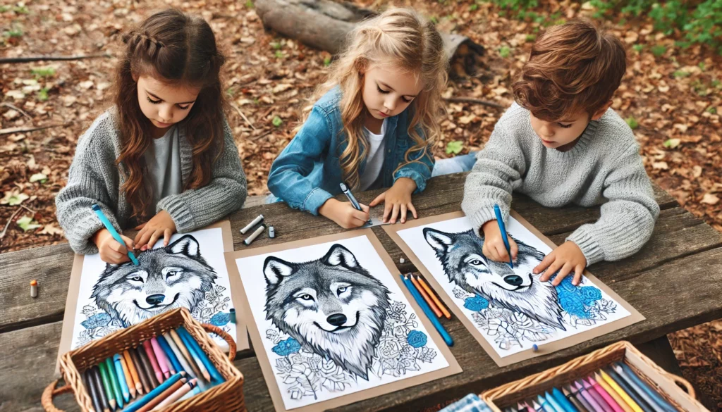 Dall·e 2024 11 01 12 15 21 a group of three children around ages 6 9, sitting on a picnic table outdoors, each with a wolf coloring page they’re adding details like gray fur an