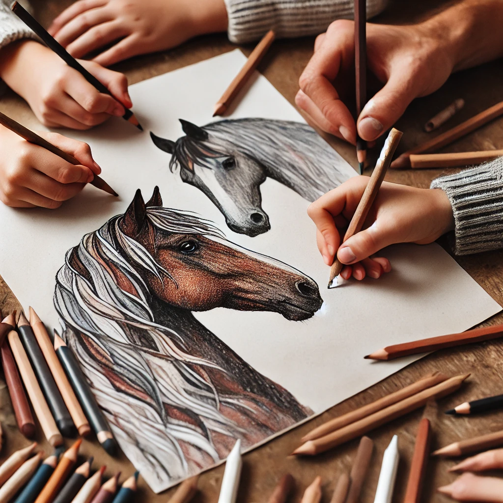 Dall·e 2024 11 01 17 37 14 a close up of three children’s hands coloring horse illustrations with crayons in shades of brown, gray, and black one child adds a light mane to the