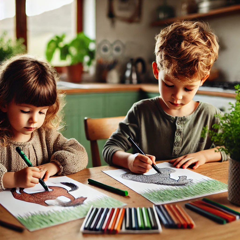 Dall·e 2024 11 01 17 37 19 two young siblings, a boy and a girl, sit side by side at the kitchen table, each focused on their own horse coloring page the boy is coloring a hors