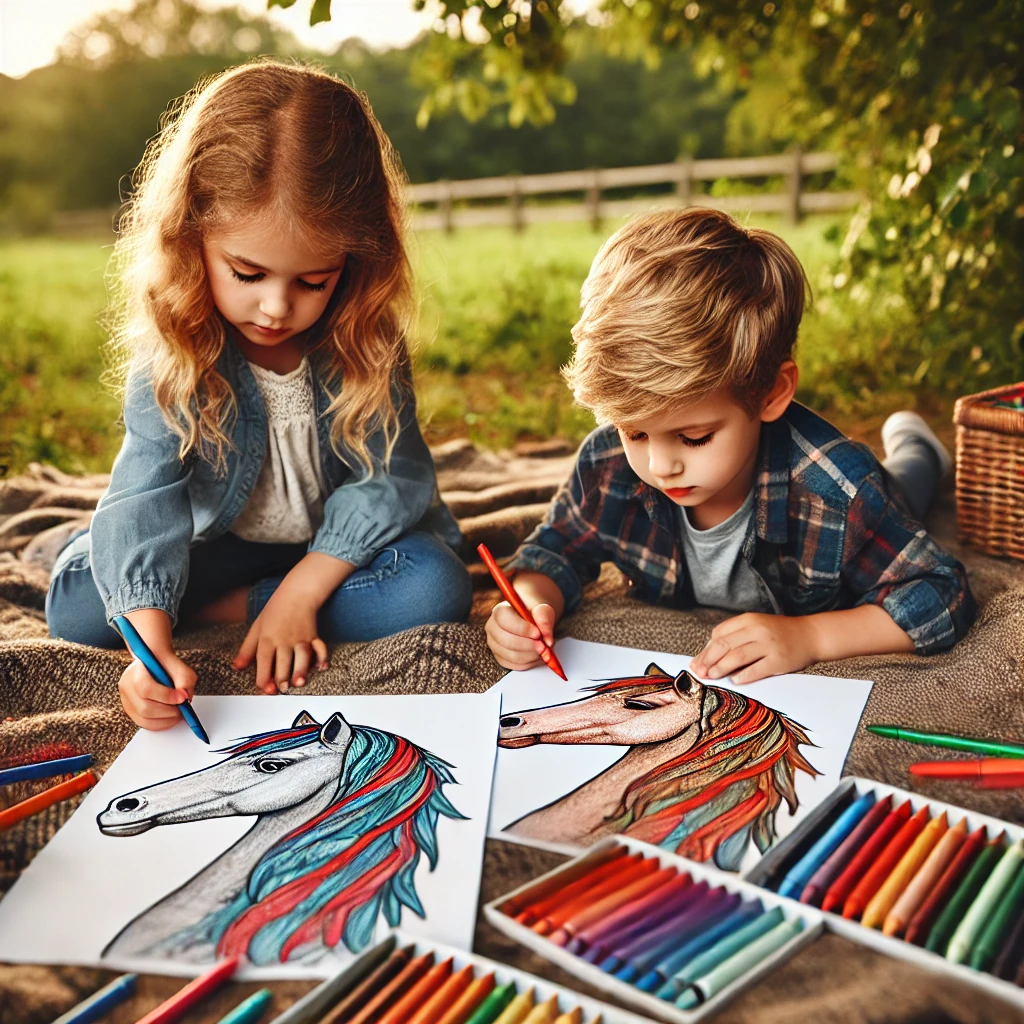 Dall·e 2024 11 04 11 35 27 two young siblings sitting on a picnic blanket outdoors, each coloring their own horse themed coloring page the older sibling is shading a detailed c