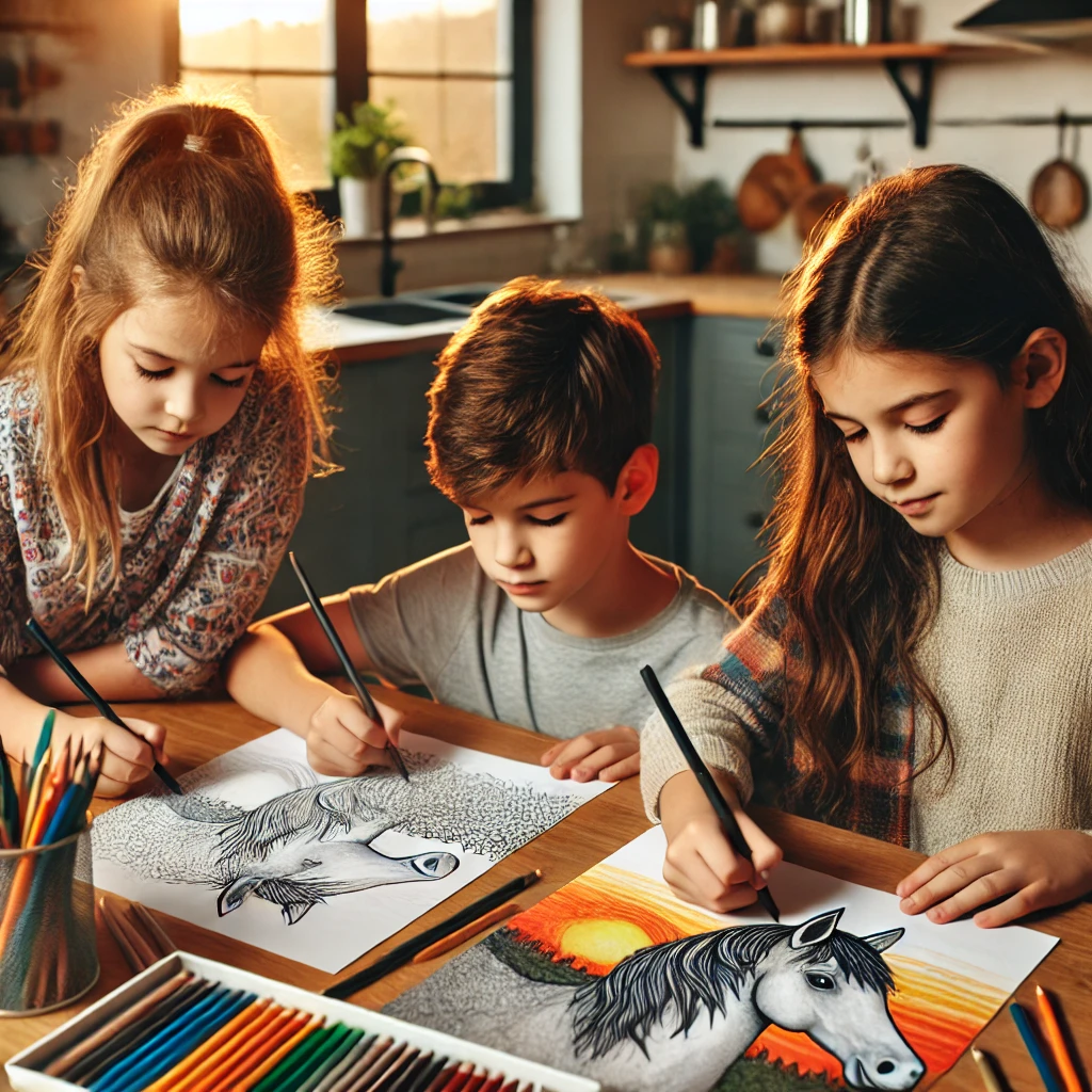 Dall·e 2024 11 04 11 35 30 three children around ages 6 9 gathered around a kitchen island, each working on a horse coloring page one child is adding a sunset background with o