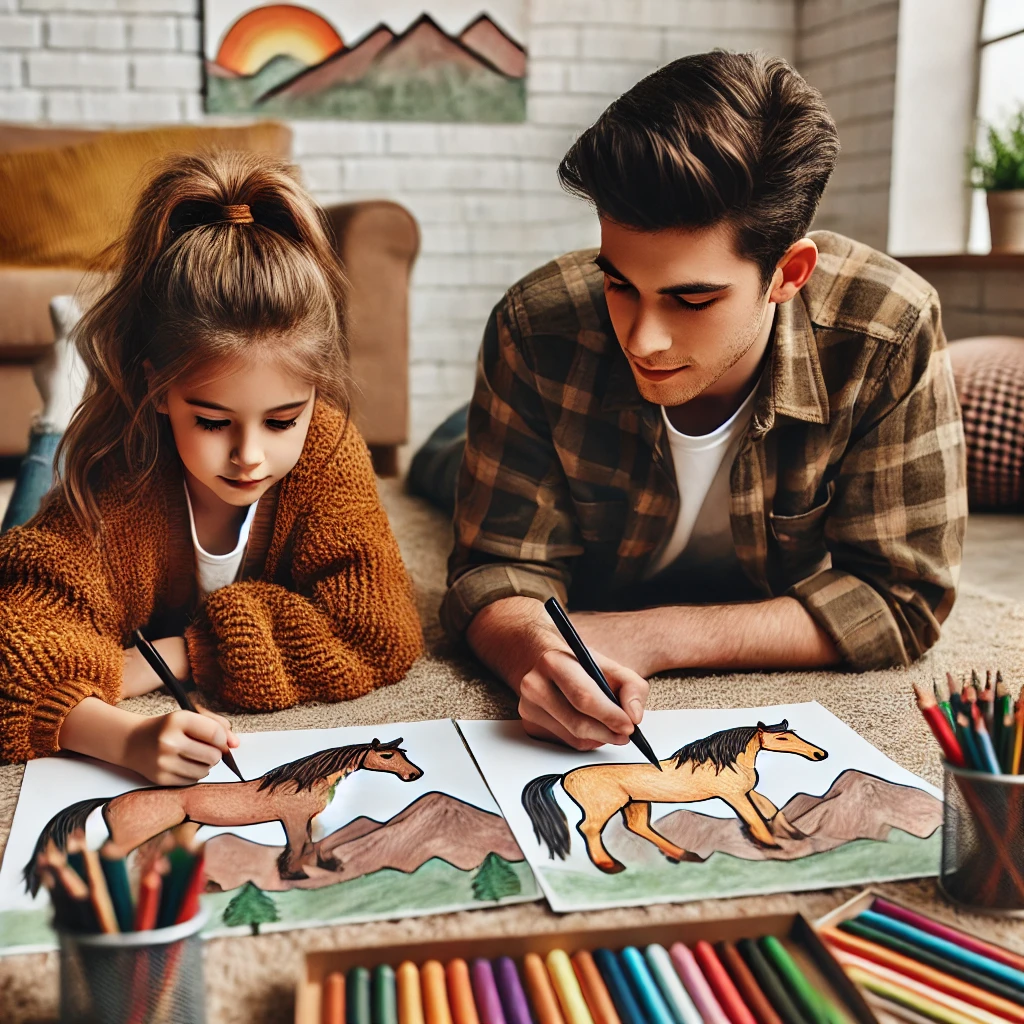 Dall·e 2024 11 04 11 38 33 two friends, a boy and a girl, lying on the floor in a playroom, each coloring a horse the girl is shading in a chestnut color, while the boy adds a