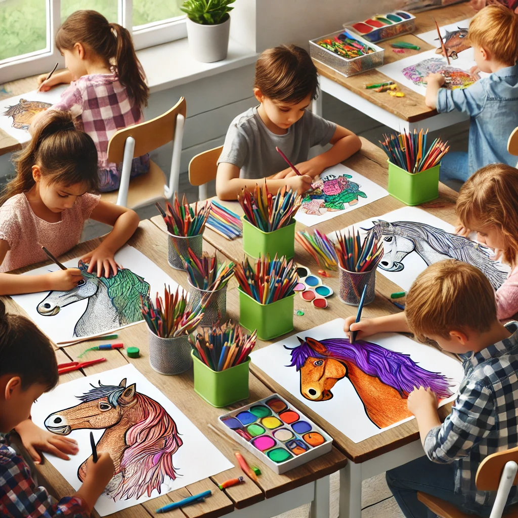 Dall·e 2024 11 04 11 38 35 a classroom scene with four children coloring horse themed pages at their desks some kids are coloring traditional horse coats, while others use bold