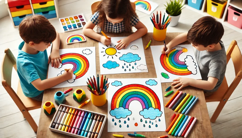 Dall·e 2024 11 05 12 55 36 three children sit around a classroom table, each working on a different rainbow scene one child colors a rainbow with classic roygbiv colors, anothe