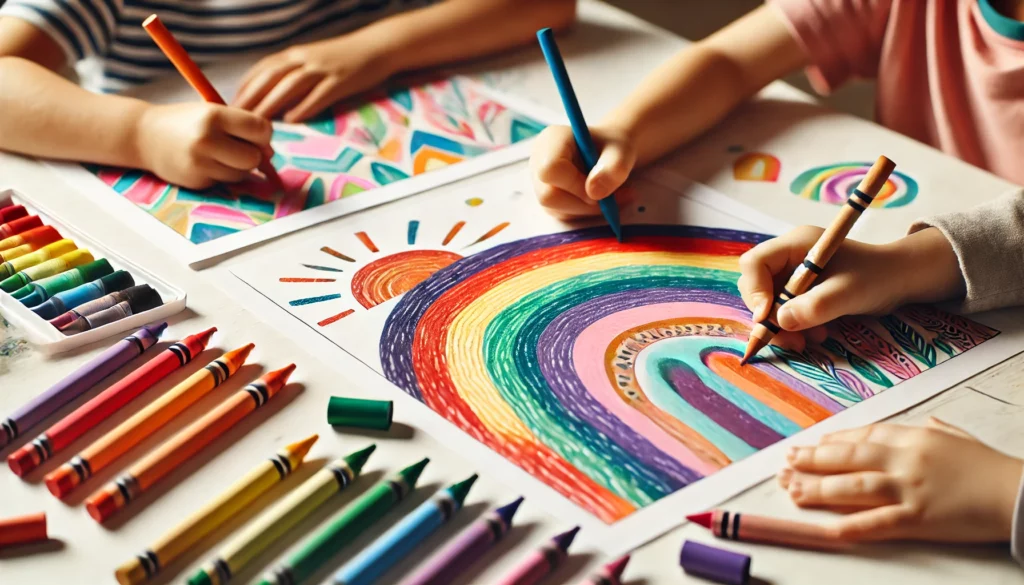 Dall·e 2024 11 05 12 56 25 close up of children’s hands as they color in rainbow stripes on a coloring page one child shades in red and orange, another colors green and blue, a