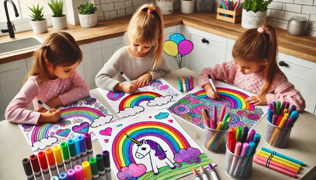 Dall·e 2024 11 05 12 56 27 three kids, ages 5 8, sit around a kitchen table, each coloring a unique rainbow scene one child colors a rainbow in pinks and purples, another shade