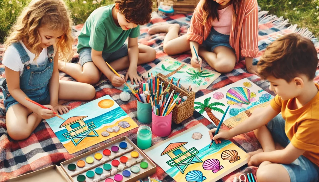 Dall·e 2024 11 05 13 57 11 a group of friends sits on a picnic blanket outdoors, each working on their own beach scene one child colors seashells in pastel shades, another adds