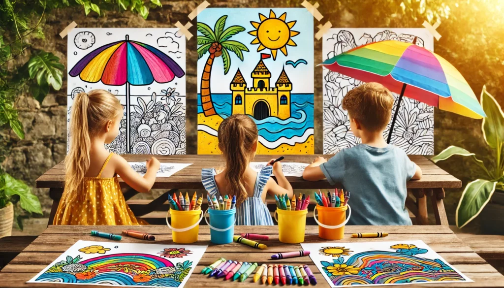 Three children sit around a picnic table, each coloring a beach scene one child shades in a golden sandcastle, another adds bright blue waves, and th