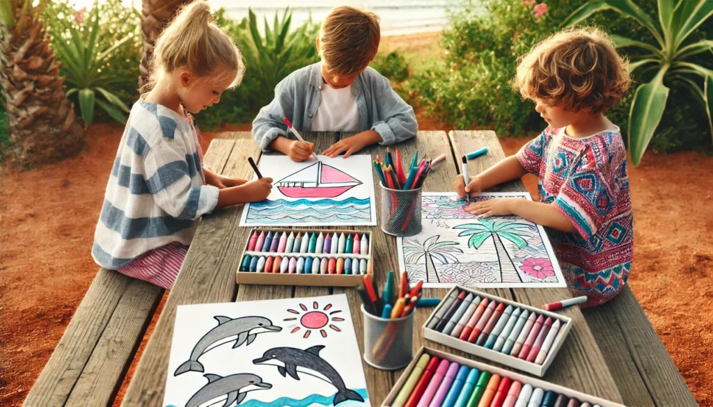 Three friends sit on a picnic table outdoors, each working on a beach themed coloring page one child colors a sailboat in red and white, another shad