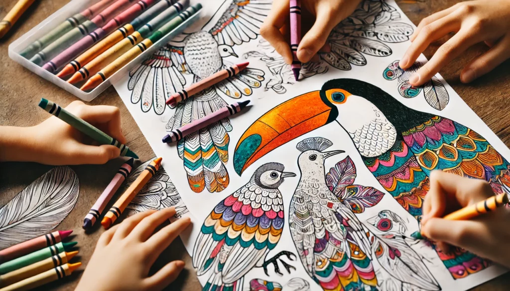 Dall·e 2024 11 05 15 11 17 close up of children’s hands as they color birds with intricate feather patterns on a coloring page one child shades a toucan’s beak in bright orange