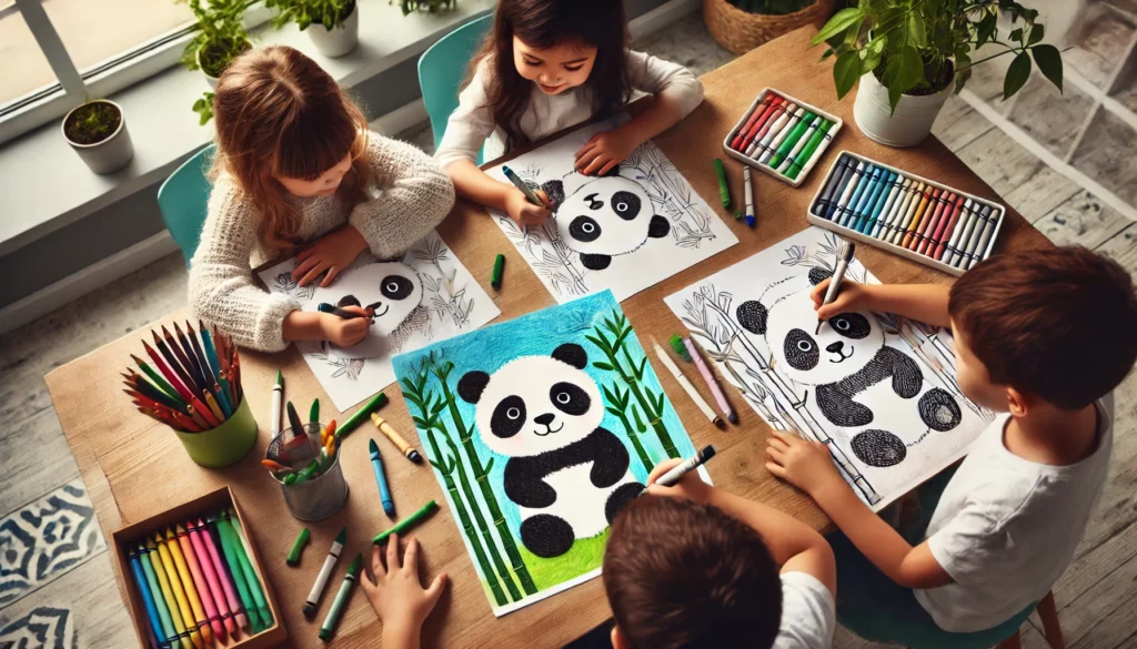 Three children sit around a classroom table, each coloring a panda scene one child colors a panda’s fur in black and white, another shades bamboo lea