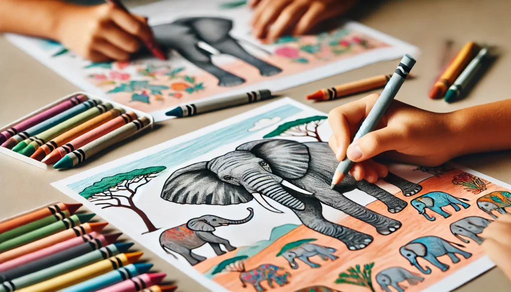 Dall·e 2024 11 06 13 47 13 close up of children’s hands as they color elephants on a coloring page one child shades the elephant's trunk in gray, another adds colorful details