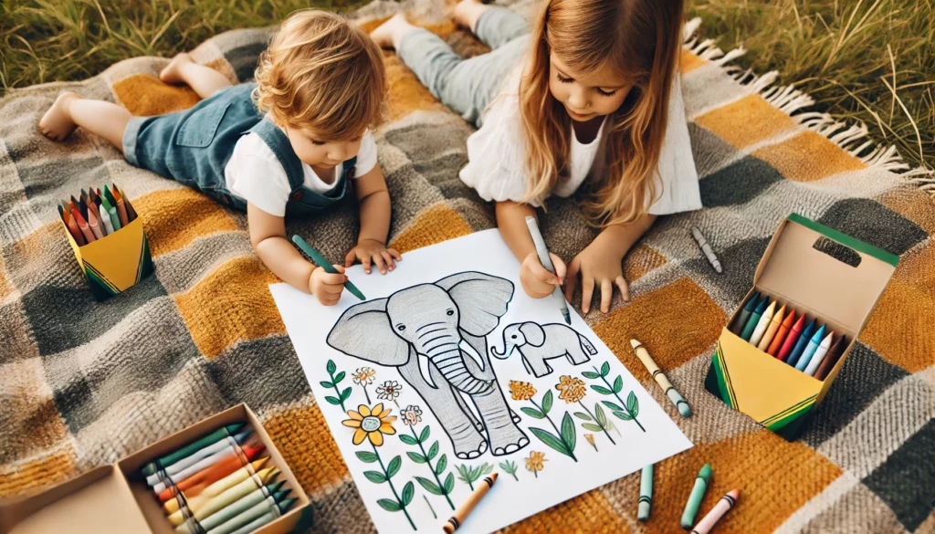 Dall·e 2024 11 06 13 47 15 two siblings lie on a picnic blanket with elephant themed coloring pages the older sibling colors a tall elephant in light gray, while the younger ad