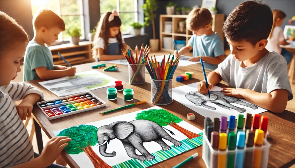 Dall·e 2024 11 06 13 52 08 a classroom art table filled with children coloring elephant scenes one child shades an elephant in realistic grays, another adds green trees, while