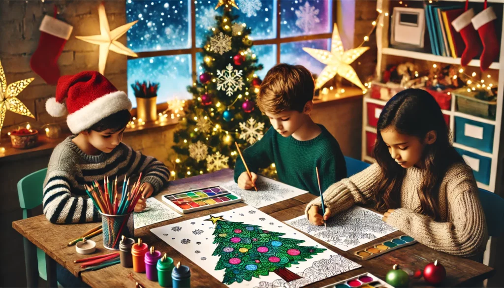 Dall·e 2024 11 06 14 03 29 three friends sit around a classroom table, each focused on a christmas tree coloring page one child colors the tree’s branches in deep green, anothe