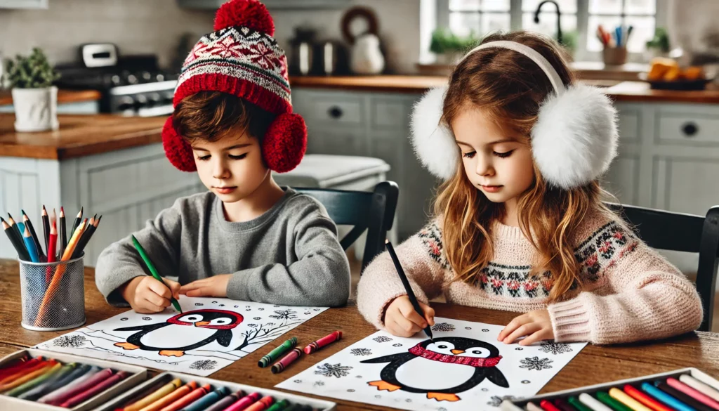 Dall·e 2024 11 06 15 04 13 two children, a boy and a girl, sit at a kitchen table, each focused on a penguin coloring page the boy colors a penguin with red earmuffs, while the